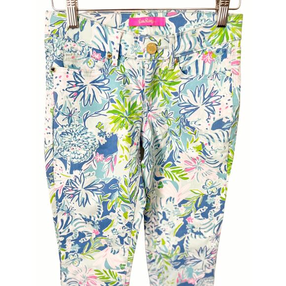 Lilly Pulitzer South Ocean Floral Leaf Print White Skinny Jean Pants Size 0 - Picture 4 of 7